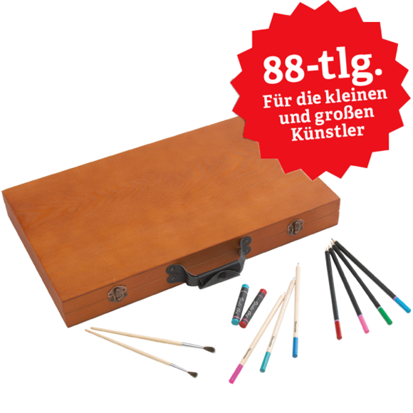 Holz-Malkasten mit Schnappverschlüssen und Tragegriffen, 88-teilig.